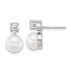 Sterling Silver Rhodium-plated 7-9mm Button White Freshwater Cultured Pearl and CZ 17 inch Necklace and Post Earring Set - 2