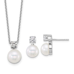 Sterling Silver Rhodium-plated 7-9mm Button White Freshwater Cultured Pearl and CZ 17 inch Necklace and Post Earring Set - 2