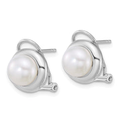 Sterling Silver Rhodium-plated 8-10mm Button White Freshwater Cultured Pearl 17 inch Necklace and Omega Back Earring Set