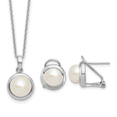 Sterling Silver Rhodium-plated 8-10mm Button White Freshwater Cultured Pearl 17 inch Necklace and Omega Back Earring Set