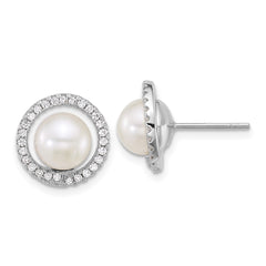 Sterling Silver Rhodium-plated 7-9mm Button White Freshwater Cultured Pearl and CZ Halo 17 inch Necklace and Post Earring Set