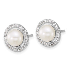 Sterling Silver Rhodium-plated 7-9mm Button White Freshwater Cultured Pearl and CZ Halo 17 inch Necklace and Post Earring Set