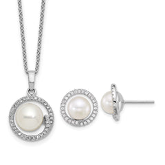 Sterling Silver Rhodium-plated 7-9mm Button White Freshwater Cultured Pearl and CZ Halo 17 inch Necklace and Post Earring Set