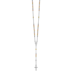 Sterling Silver Rhodium-plated Diamond-cut Tri-color Gold-plated 18.5 inch with 1 inch extender Rosary Necklace