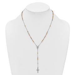 Sterling Silver Rhodium-plated Diamond-cut Tri-color Gold-plated 18.5 inch with 1 inch extender Rosary Necklace