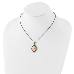 Sterling Silver Antiqued Pink Resin Cameo w/Crystal Necklace