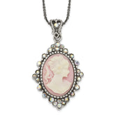 Sterling Silver Antiqued Pink Resin Cameo w/Crystal Necklace