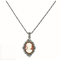 Sterling Silver Antiqued Peach Resin Cameo w/Crystal Necklace