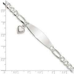 Sterling Silver Polished Figaro ID Heart Dangle Bracelet