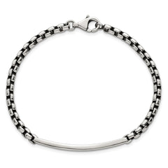 Sterling Silver Antiqued Round Box Chain 8 Inch ID Bar Mens Bracelet