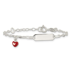 Sterling Silver Polished Red and White Enameled Heart Charm 5 inch with 1 inch extension Childrens ID Bracelet