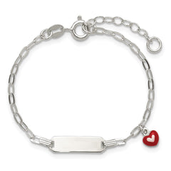 Sterling Silver Polished Red and White Enameled Heart Charm 5 inch with 1 inch extension Childrens ID Bracelet
