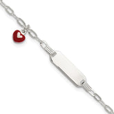 Sterling Silver Polished Red and White Enameled Heart Charm 5 inch with 1 inch extension Childrens ID Bracelet
