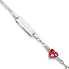 Sterling Silver Polished Red and White Enameled Heart 5 inch with 1 inch extension Childrens ID Bracelet