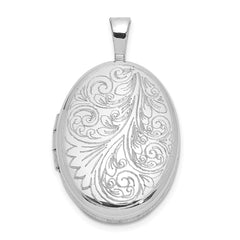 Sterling Silver Rhodium-plated Polished Scroll Design 19x15mm Oval Locket