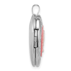 Sterling Silver Rhodium-plated Polished Front/Brushed Back Pink Flowers Resin Cameo 20mm Heart Locket
