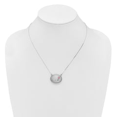 Sterling Silver Rhodium-plated Brushed/Polished Pink and Green Epoxy MOM Rose 18.75 inch with 2 inch ext. 20mm Oval Locket Necklace