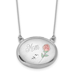 Sterling Silver Rhodium-plated Brushed/Polished Pink and Green Epoxy MOM Rose 18.75 inch with 2 inch ext. 20mm Oval Locket Necklace