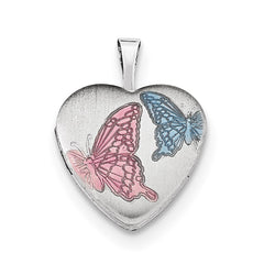 Sterling Silver RH-plated 16mm Satin Enamel Butterfly Heart Locket Necklace