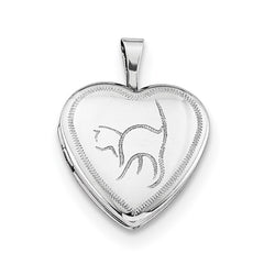 Sterling Silver Rhodium-plated 16mm Cat Heart Locket Necklace