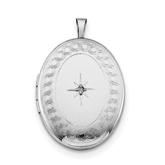 Sterling Silver Rhod-plated 26mm Circle Border Diamond Oval Locket Necklace