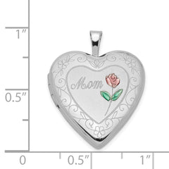 Sterling Silver Rhod-plated 20mm D/C & Enameled Mom Rose Heart Locket