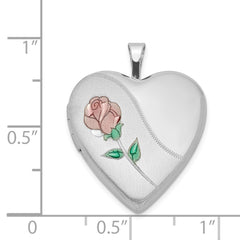 Sterling Silver Rhod-plated 20mm Satin, Enamel, D/C Floral Heart Locket