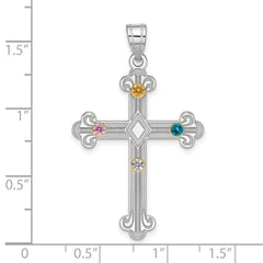 Sterling Silver Rh-plt/14k Bezel Crystal Family Cross Pendant - 9