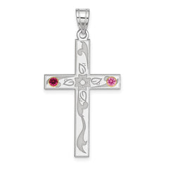 Sterling Silver Rh-plt/14k Bezel Crystal Family Cross Pendant - 2