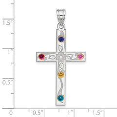 Sterling Silver Rh-plt/14k Bezel Crystal Family Cross Pendant - 3