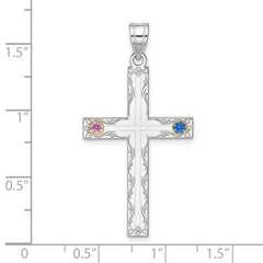 Sterling Silver Rh-plt/14k Bezel Crystal Family Cross Pendant - 13