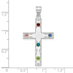 Sterling Silver Rh-plt/14k Bezel Crystal Family Cross Pendant - 8