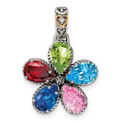 Sterling Silver Antiqued w/14k 5-stone w/Diamond Mother's Pendant - 7