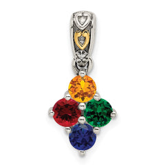 Sterling Silver Antiqued w/14k 4-stone w/Diamond Mother's Pendant - 8