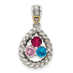 Sterling Silver Antiqued w/14k 3-stone w/Diamond Mother's Pendant - 5