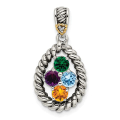 Sterling Silver Antiqued w/14k 4-stone w/Diamond Mother's Pendant - 5