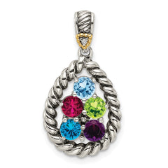 Sterling Silver Antiqued w/14k 5-stone w/Diamond Mother's Pendant