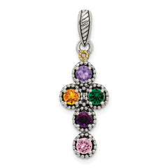 Sterling Silver Antiqued w/14k 5-stone w/Diamond Mother's Pendant - 9