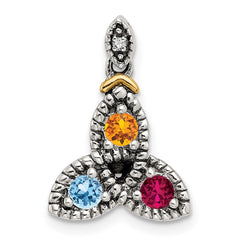 Sterling Silver Antiqued w/14k 3-stone w/Diamond Mother's Pendant - 7