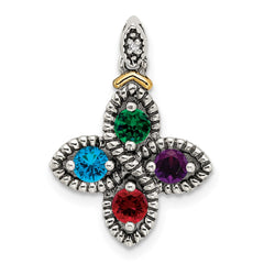 Sterling Silver Antiqued w/14k 4-stone w/Diamond Mother's Pendant - 6