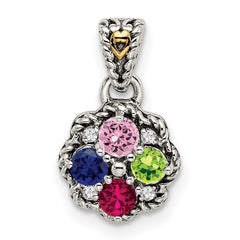 Sterling Silver Antiqued w/14k 4-stone w/Diamond Mother's Pendant - 7