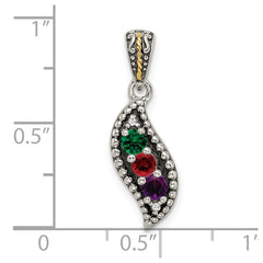 Sterling Silver Antique w/14k 3-stone w/Diamond Family Pendant w/18in Chain