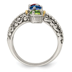 Sterling Silver Antiqued w/14k 3-stone Mother's Ring - 11