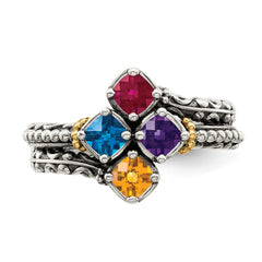 Sterling Silver Antiqued w/14k 4-stone Mother's Ring - 10