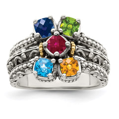 Sterling Silver Antiqued w/14k 5-stone Mother's Ring - 13