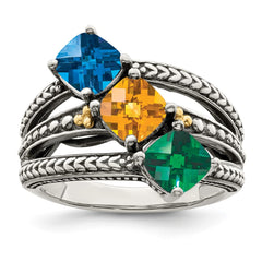 Sterling Silver Antiqued w/14k 3-stone Mother's Ring - 21