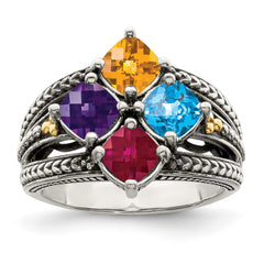 Sterling Silver Antiqued w/14k 4-stone Mother's Ring - 20