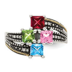 Sterling Silver Antiqued w/14k 4-stone w/Diamond Genuine Mother's Ring - 6
