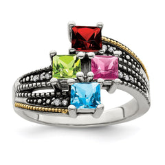 Sterling Silver Antiqued w/14k 4-stone w/Diamond Mother's Ring - 25