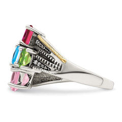 Sterling Silver Antiqued w/14k 5-stone w/Diamond Mother's Ring - 62